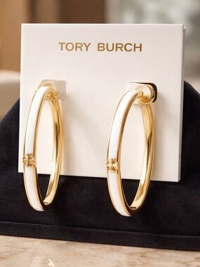 Tory Burch Gold and White Enamel Hoop Earrings